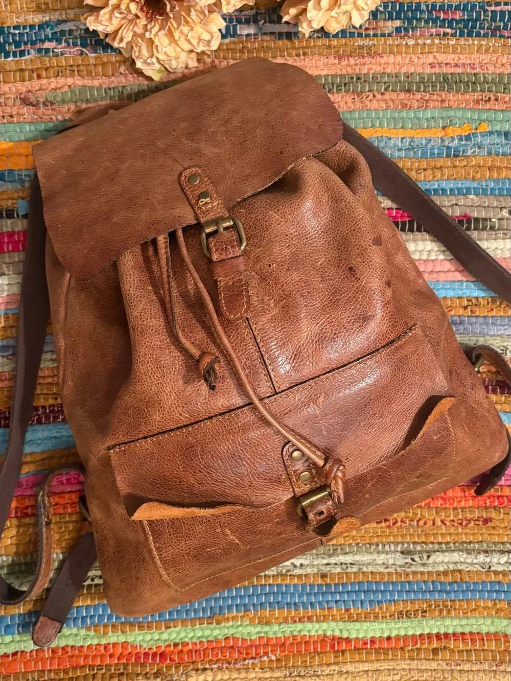 Patricia Nash Rustic Brown Leather Backpack with Canvas Logo Pouch